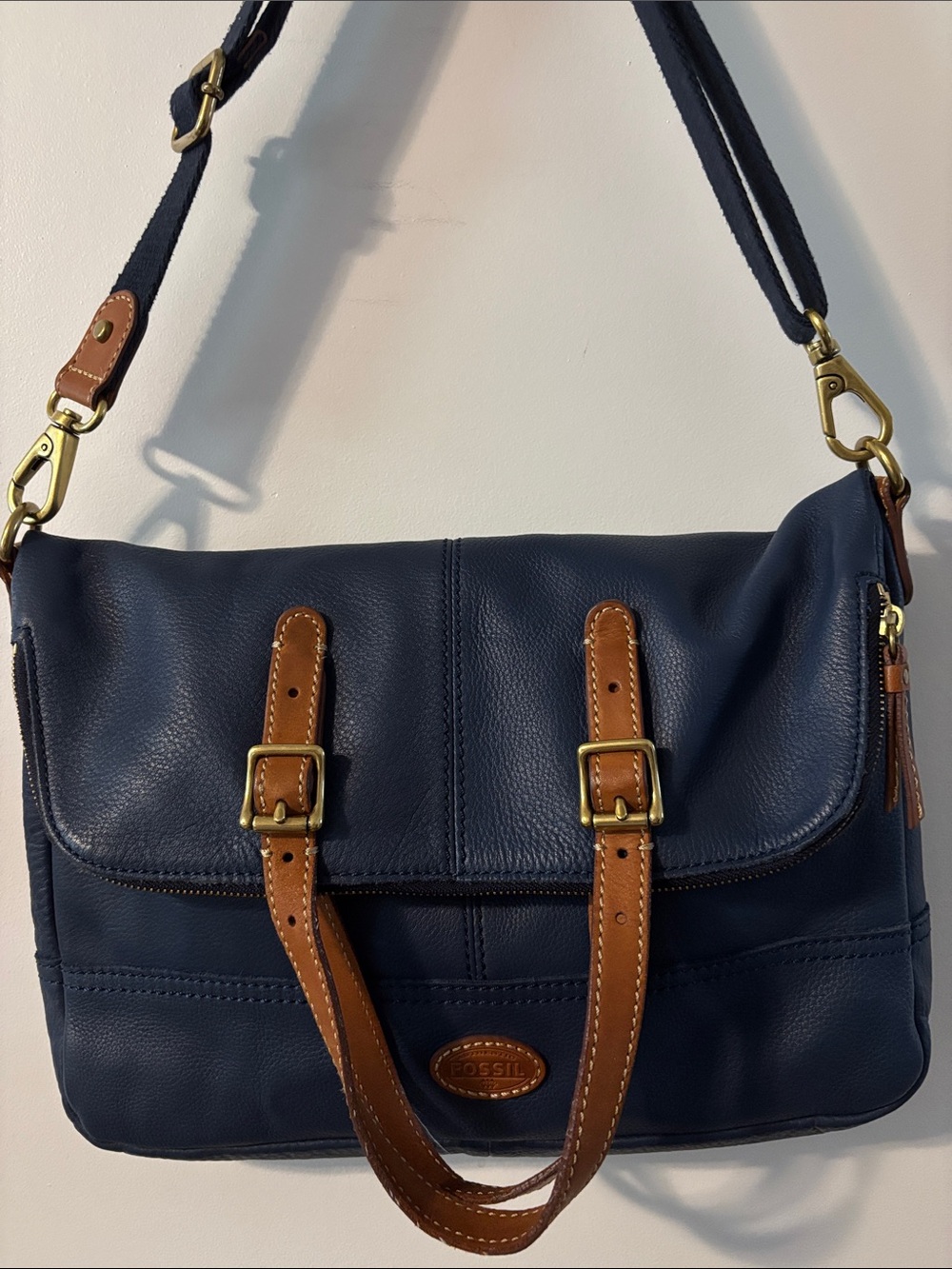 Fossil Navy Leather Messenger with Tan Handles